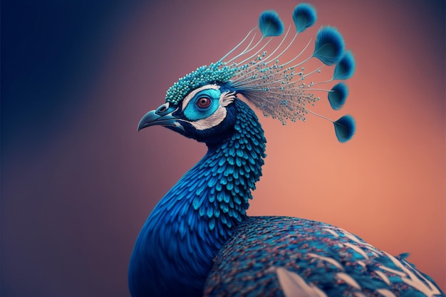 Close up of a peacocks head with feathers generative ai