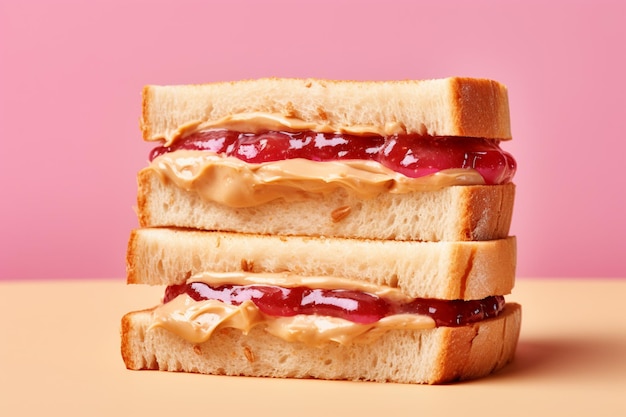 close up of peanut butter and jelly stack of sandwiches on a pink background