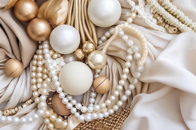 A close up of pearls and gold balls