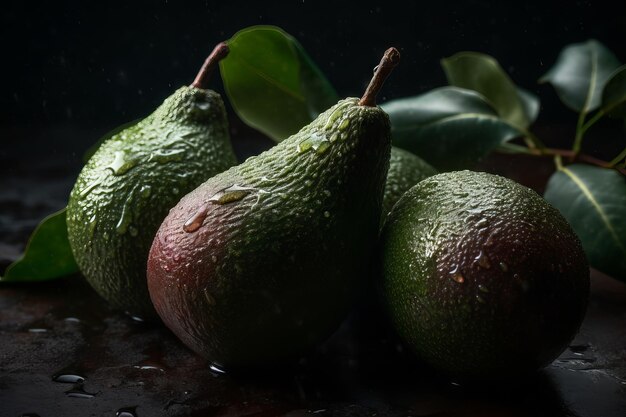 A close up of pears on a table with leaves