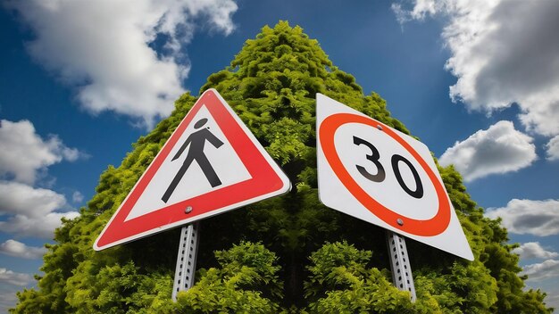 Photo close up of pedestrians warning sign with 30 speed limit sign against green tree and blue sky