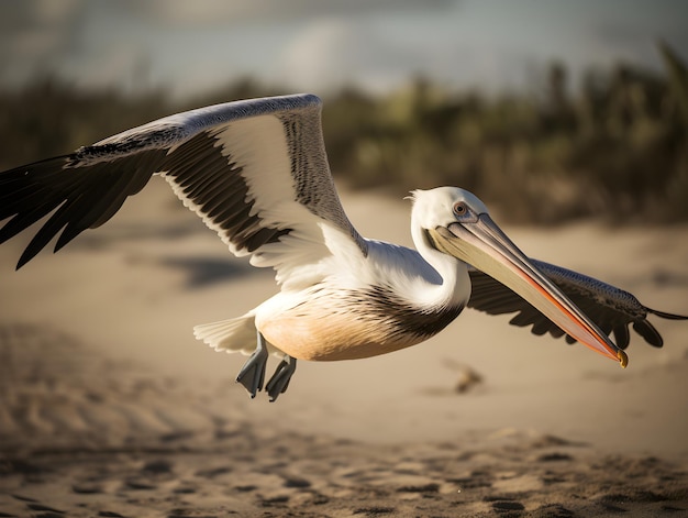 Foto close-up di un pellicano che vola contro il cielo