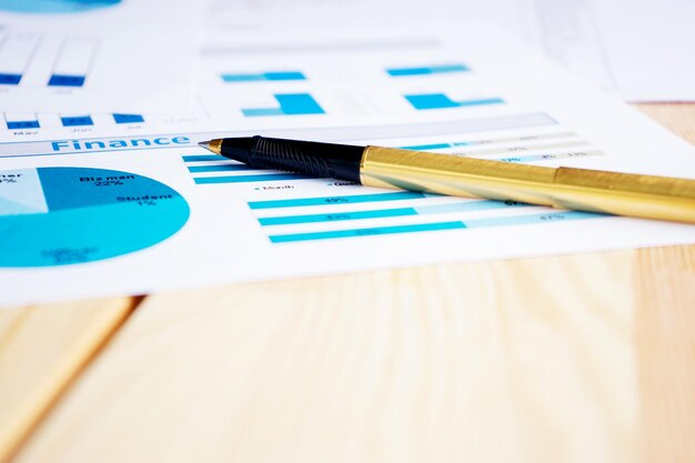 Close-up of pen and graphs on table