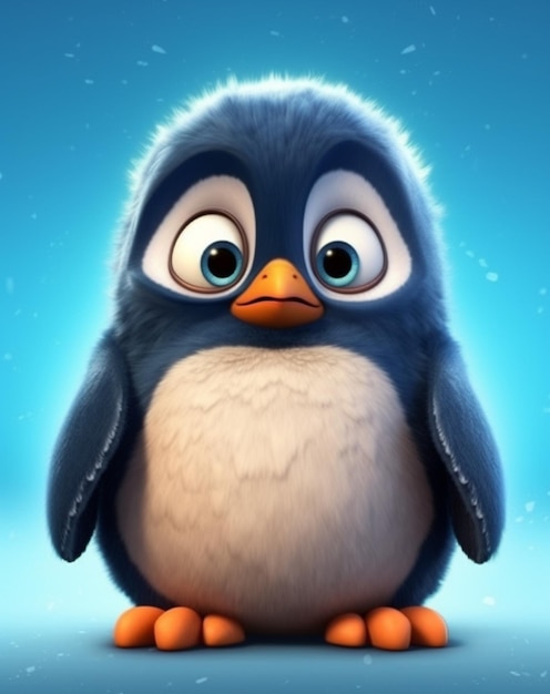 a close up of a penguin with big eyes and a blue background generative ai