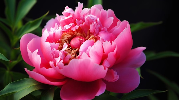 A close up of a peony flower with a dark background.