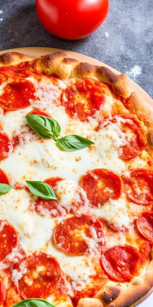 A close up of a pepperoni pizza with basil leaves on a wooden table.