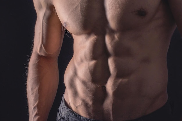 Close up perfect abs. Sexy muscular male torso six packs.