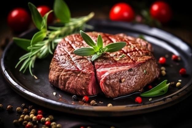 Photo close up of perfectly grilled juicy beef steak served on a pristine white ceramic plate