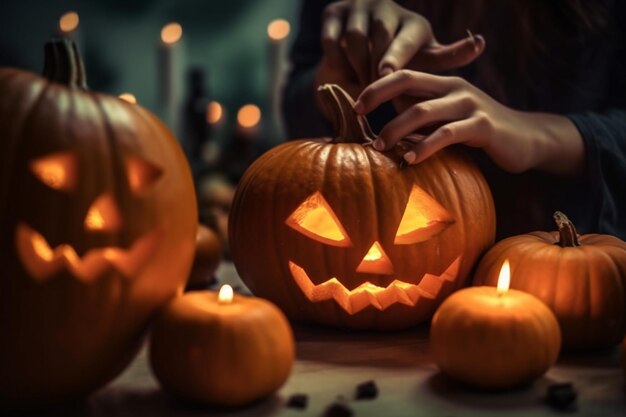 A close up of a person carving a pumpkin with candles generative ai