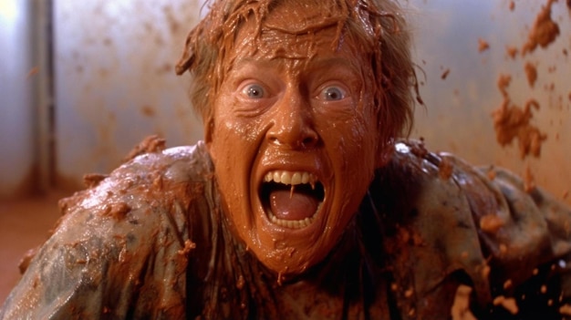 a close up of a person covered in mud