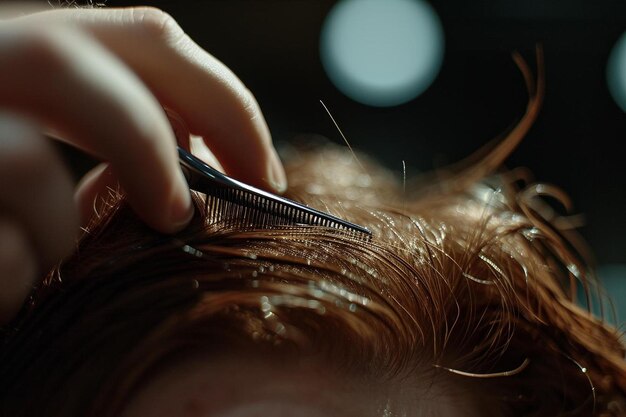 a close up of a person cutting a persons hair