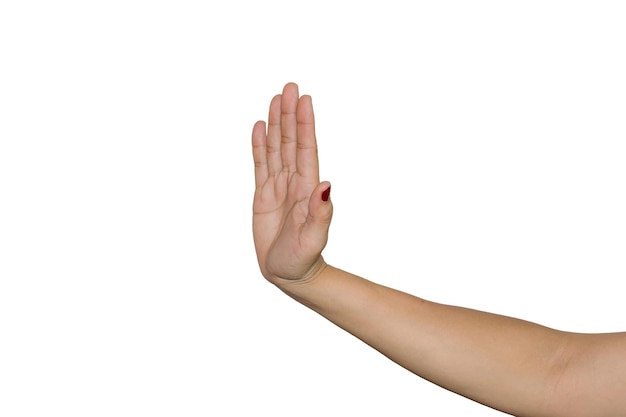 Photo close-up of person hand showing stop gesture against white background