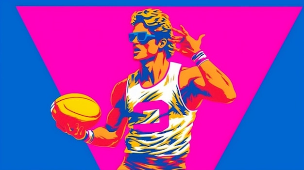 A close up of a person holding a basketball ball on a pink and blue background generative ai