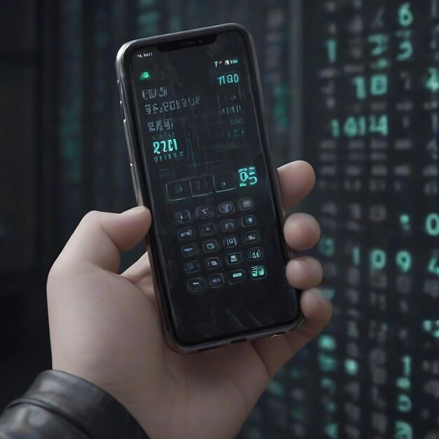 a close up of a person holding a cell phone in front of a number of numbers in a cyberpunk setting