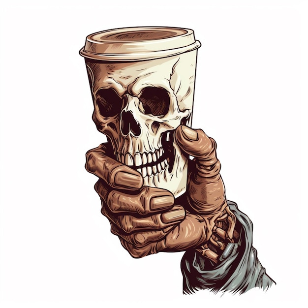 Photo a close up of a person holding a cup with a skull on it generative ai