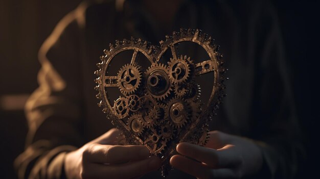 A close up of a person holding a heart made of gears