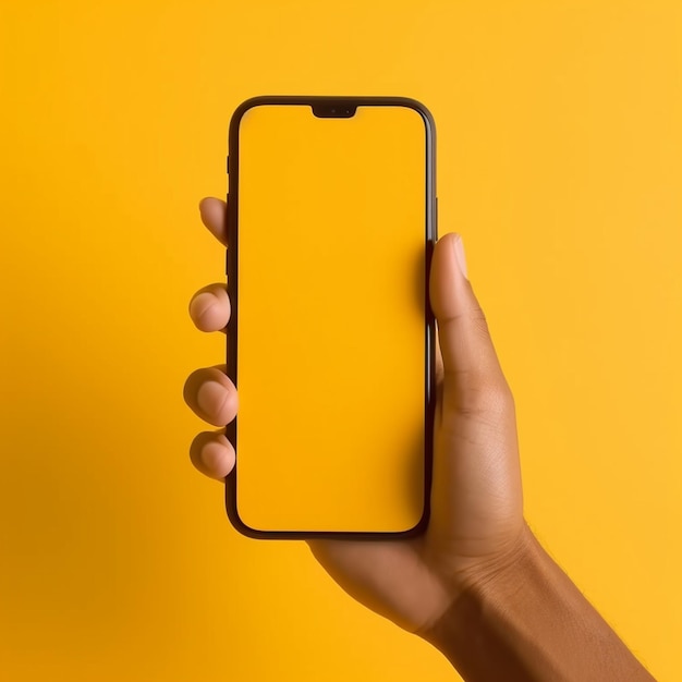 A close up of a person holding a phone with a yellow screen generative ai