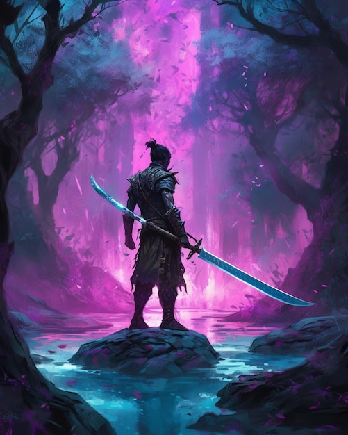 A close up of a person holding a sword in a forest generative ai