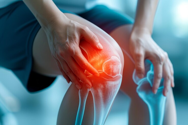 Photo close up of person holding their knee with highlighted joint inflammation illustrating joint pain