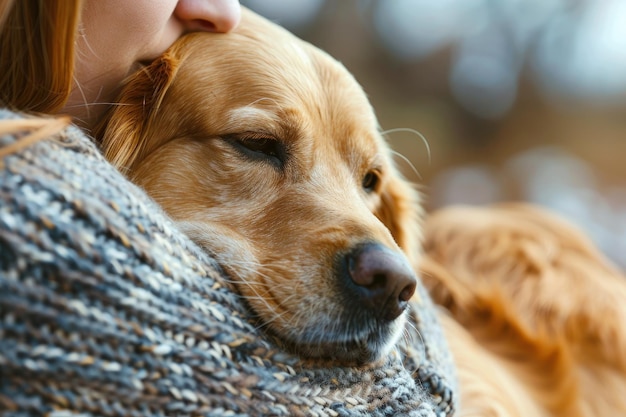 犬を抱きしめる人のクローズアップ