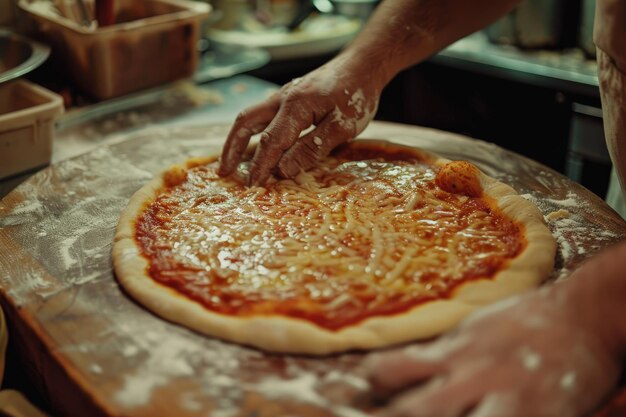 Photo a close up of a person kneading cheese on a pizza