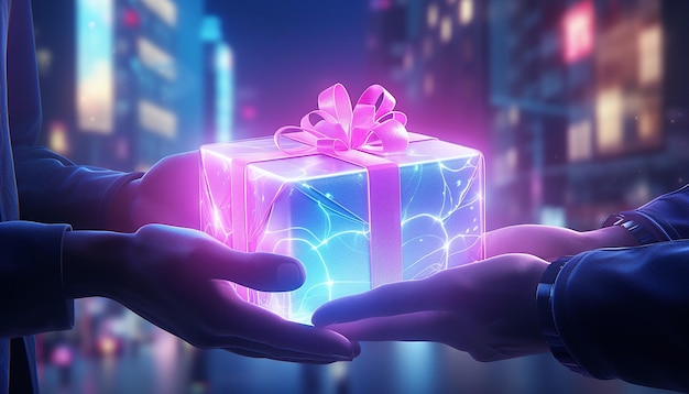 Close up of person offering a small gift wrapped present synthwave neon city lights background