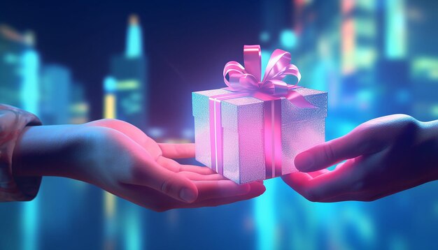 Close up of person offering a small gift wrapped present synthwave neon city lights background
