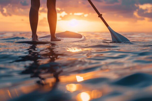 Close up of a person on a paddleboard at sunset