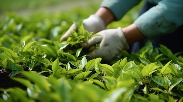 A close up of a person picking tea leaves in a field generative ai