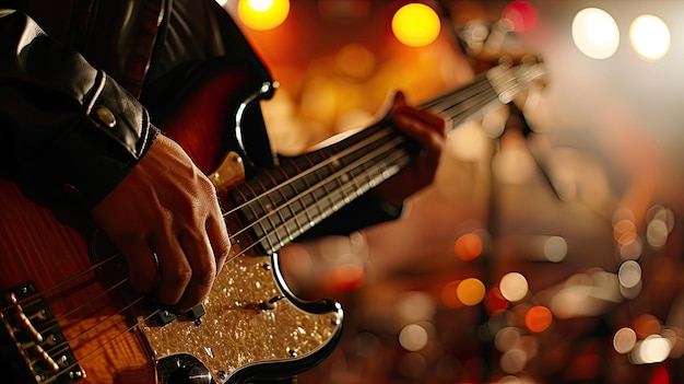 ギター を 演奏 し て いる 人 の クローズアップ ミュージシャン が 熟練 し た 指 で 旋律 的 な 曲 を 作っ て いる