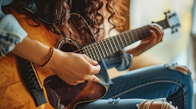 Close up of person playing guitar