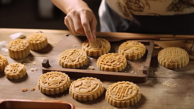 A close up of a person putting a cookie on a tray generative ai