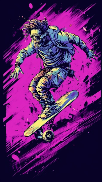 A close up of a person riding a skateboard on a purple background generative ai