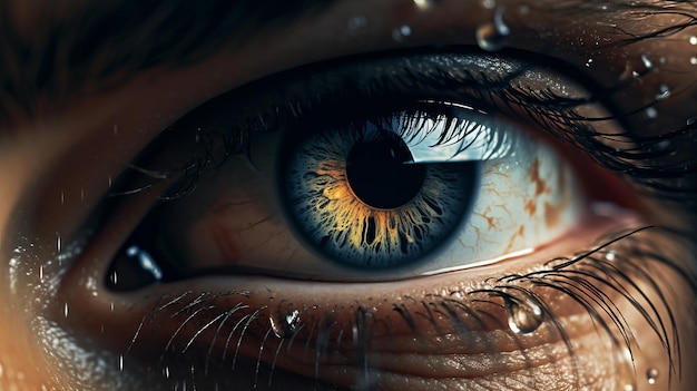 Близкий план голубого глаза человека со слезами