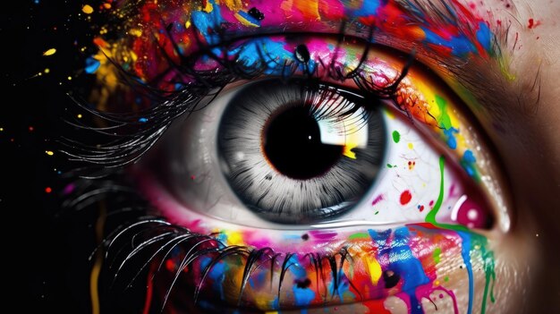 A close up of a person's eye with colorful paint all over it generative AI