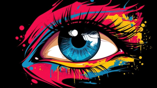 Photo a close up of a person's eye with paint splatters pop art ai image