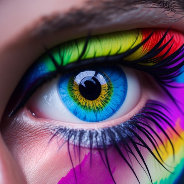 Una donna con un trucco colorato e un trucco per gli occhi arcobaleno.