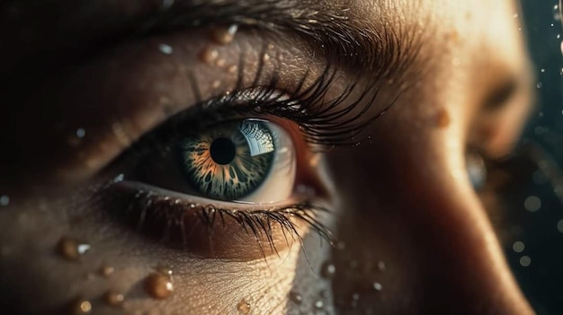 A close up of a person's eye with tears on the eye