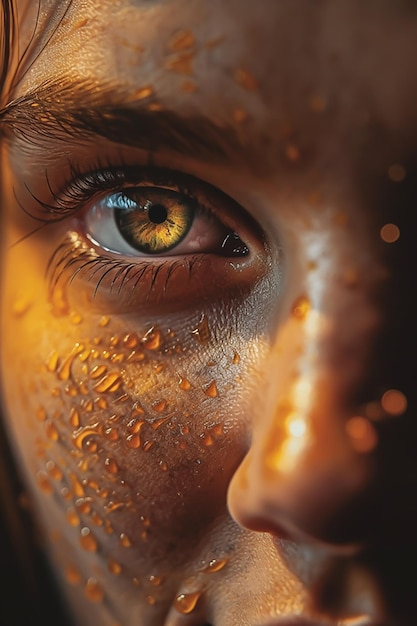 A close up of a person's eye with water droplets on it