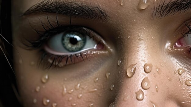 Foto primo piano dell'occhio di una persona con gocce d'acqua sul viso