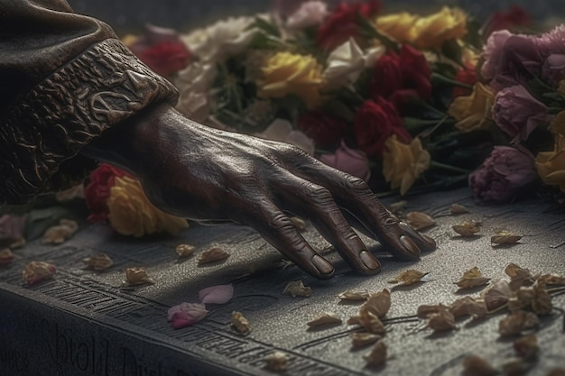 Close up of a person's hand placing flowers