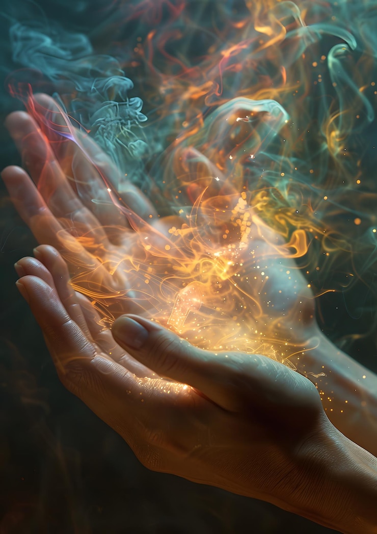 Photo a close up of a person s hands with fire coming out of them