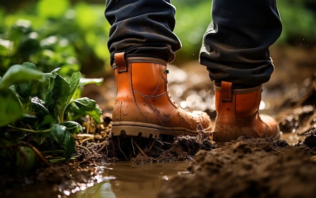 A close up of a person's shoes in the mud AI