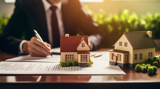 a close up of a person signing a document with a model house in the background generative ai