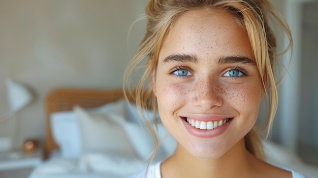 Close up of a person smiling in front of a bed