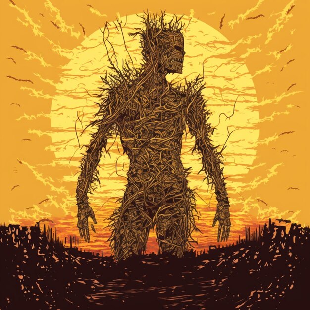 A close up of a person standing in a field with a sun in the background generative ai