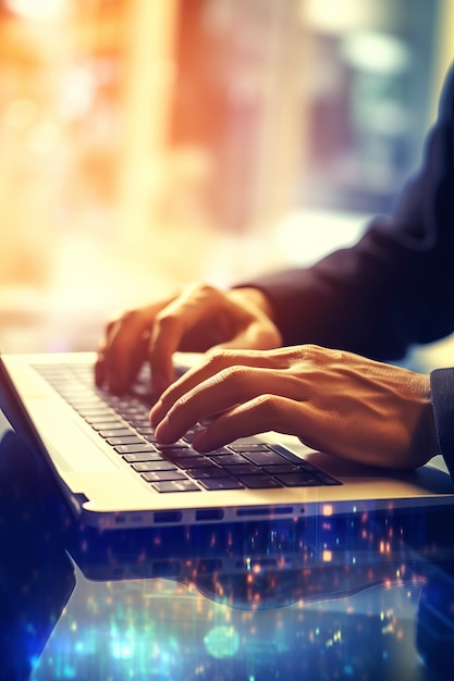 Close up of person typing on laptop computer with blurry background Generative AI