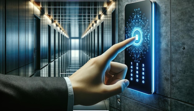 Close up of a person using a biometric fingerprint scanner for secure access in a corporate office hallway