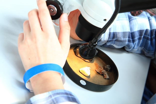 Close-up of person using microscope on table