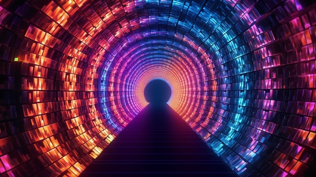 A close up of a person walking through a tunnel of colored lights generative ai